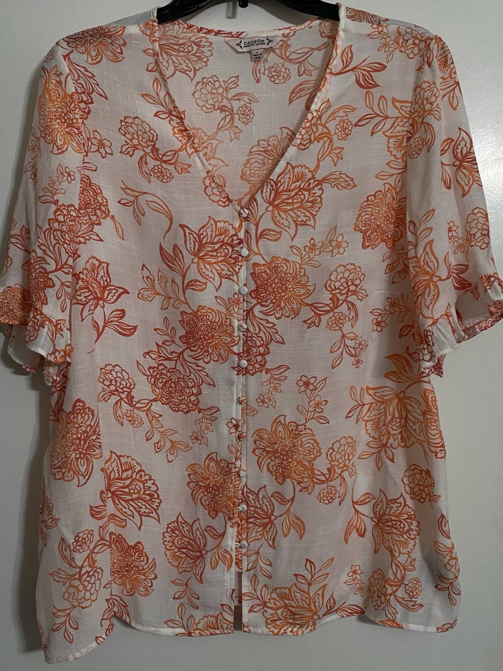 Nanette Lepore White Sheer Blouse with Orange Floral Print